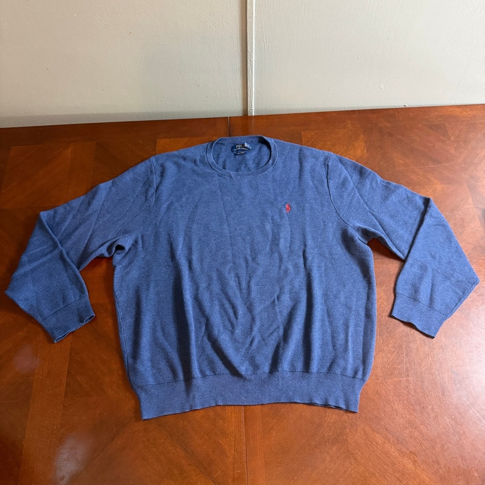 Polo Ralph Lauren Blue Pima Cotton Crewneck Sweater Mens XXL Red Pony Logo